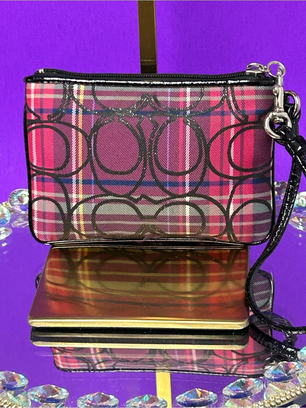 Coach Poppy Plaid Zip Wristlet - Pink, Black, White - Picture 3 of 10